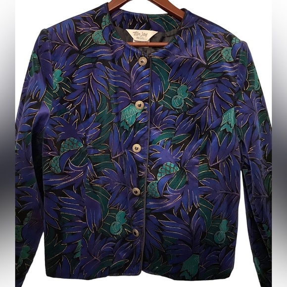 TAN JAY Women’s Velvet Textured Blue/Green Floral Blazer- 14 - Picture 5 of 8